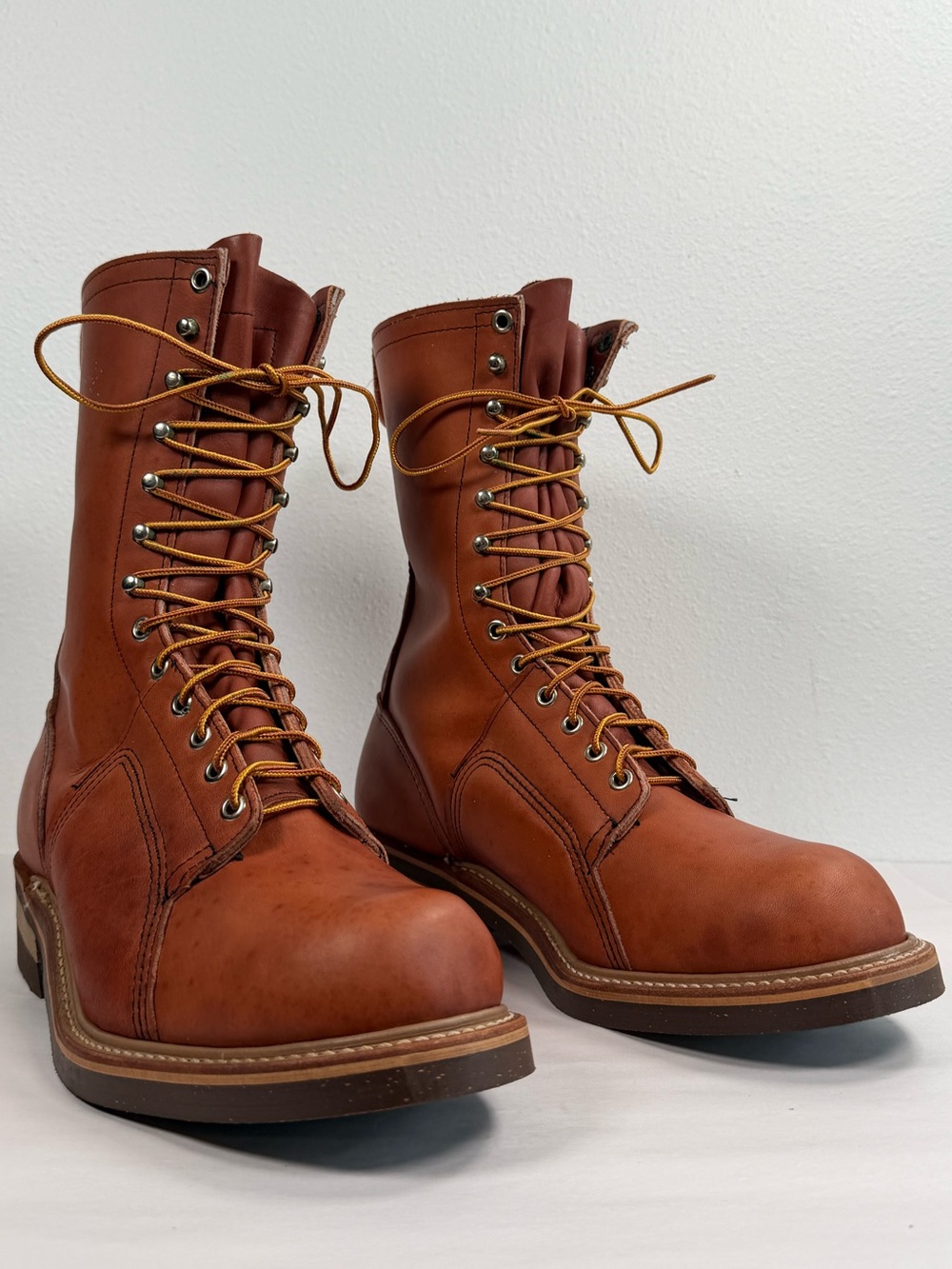 J.H. Hall Men’s 10" Redwood Leather Lineman Boots Size 10 D Cork Vibram sole USA